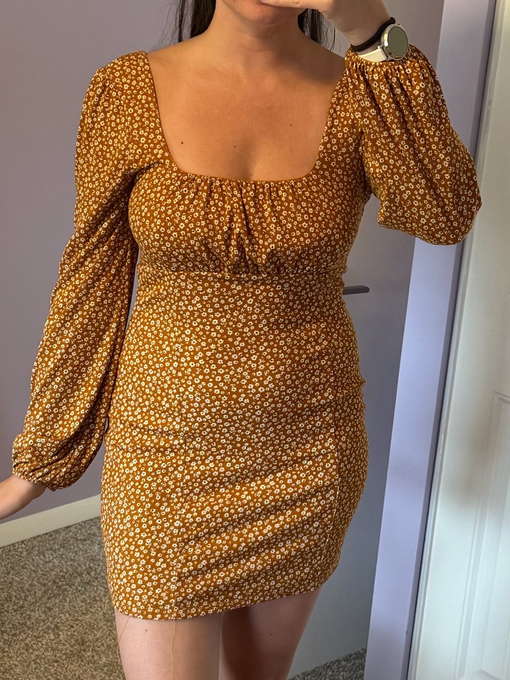 Mustard Floral Long-Sleeve Mini Dress